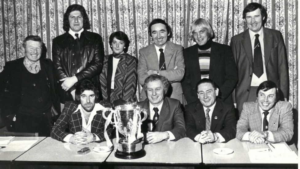 CUP WINNERS : Bernard (back row far right), along with former chairman Peter Swales and guests proudly poses with the League Cup