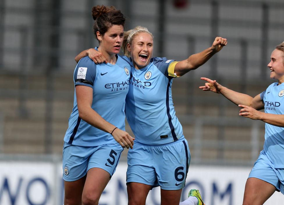 CELEBRATING : Steph Houghton celebrates with former team-mates Jen Beattie and Izzy Christiansen.