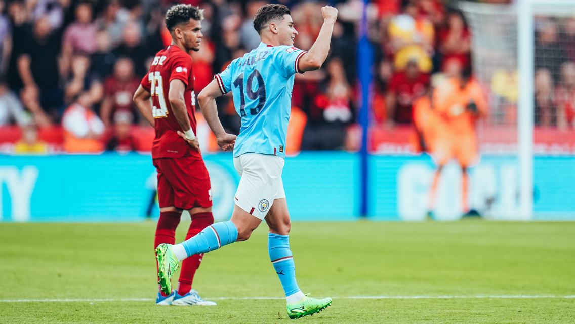 JUBILANT JULIAN: Alvarez celebrates his first goal for City!