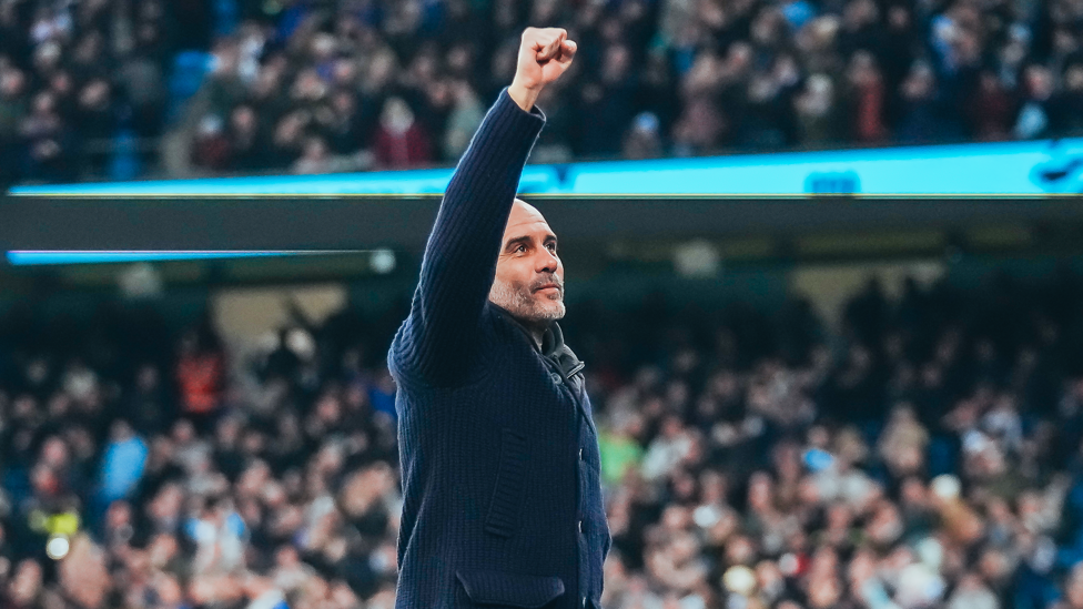 THE BOSS: Pep Guardiola celebrates on his 250th Premier League game in charge.