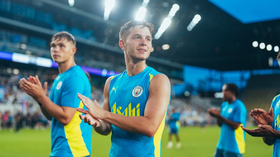 MIDFIELD MARVEL : James McAtee applauds the fans