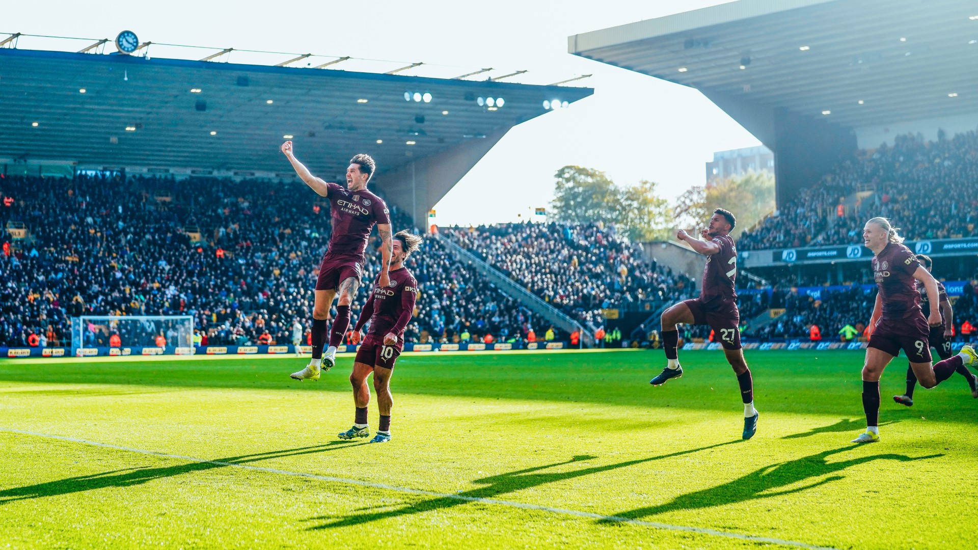 JUMPING FOR JOY: John Stones celebrates after his dramatic injury time winner.