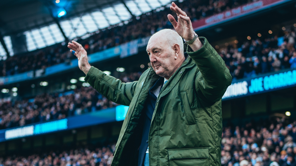 BIG JOE : Legendary City goalkeeper Joe Corrigan takes in the applause of the Etihad faithful after his recent MBE award.