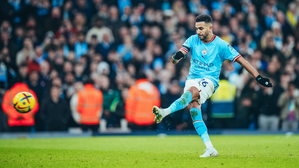 MAHREZ MAGIC: Riyad Mahrez steps up to take a penalty and converts to put City in control.