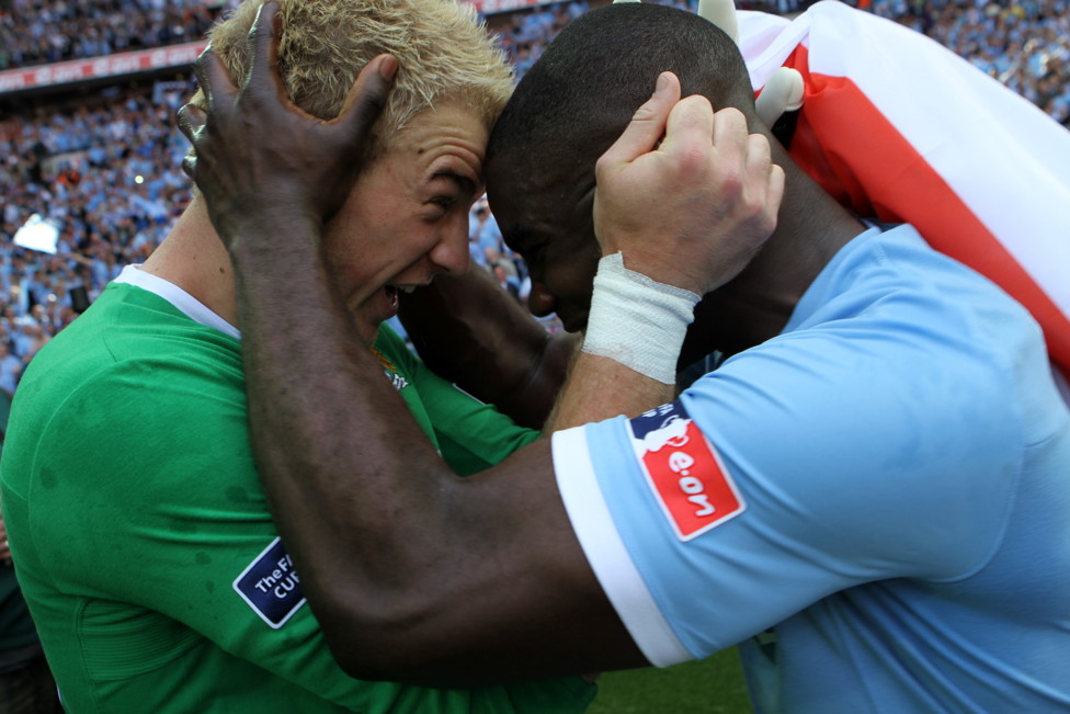 AHHHH! : Joe Hart and Richards ooze City passion as they celebrate winning the 2011 FA Cup