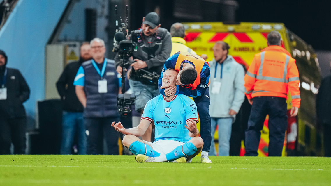 RECORD BREAKER: Haaland celebrates after claiming his 35th Premier League goal of the season, the most ever by a player in a single league campaign, surpassing Alan Shearer and Andrew Cole's tally of 34.