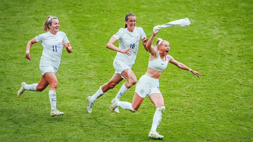 EURO CHAMPS : Chloe Kelly celebrates her Euro 2022 winning goal at Wembley on 31 July