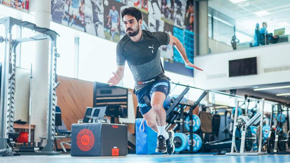 GO ON GUNDO : Our captain Ilkay Gundogan takes part in some resistance training. 