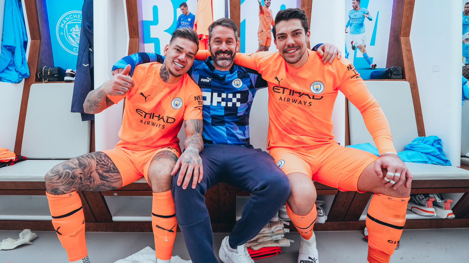 SUPER STEFAN : Stefan Ortega Moreno celebrates with Ederson and Scott Carson at Wembley.