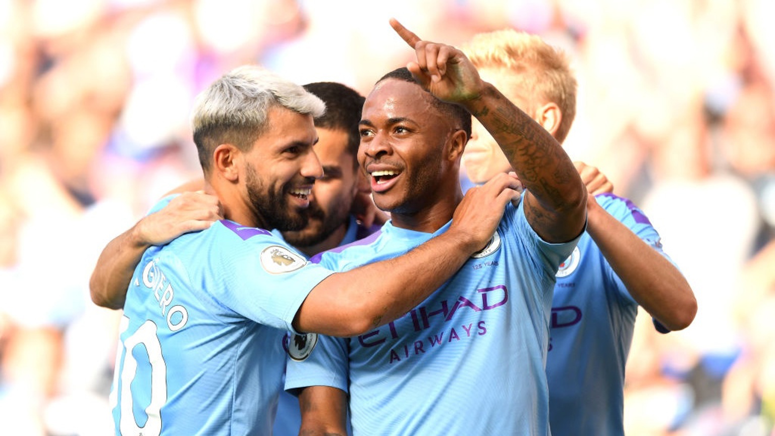 DELIGHT: City's players celebrate Raheem Sterling's opener.