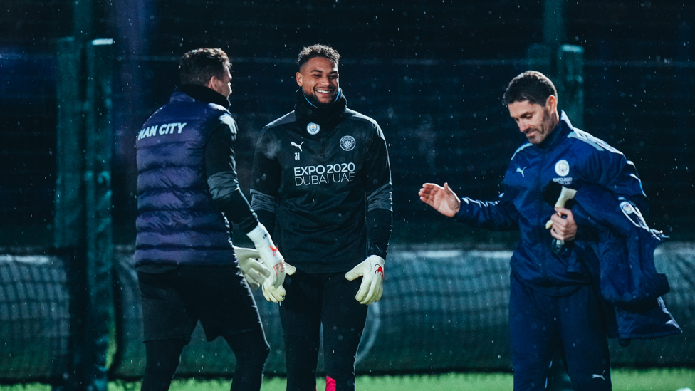 SAFE HANDS : Ederson and Zack Steffen share a joke with goalkeeping coach Xabier Mancisidor