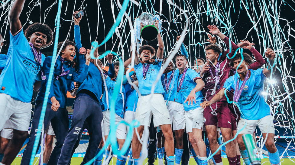 NATIONAL HEROES : Our Under-18 side celebrate after being crowned Under-18 Premier League National champions