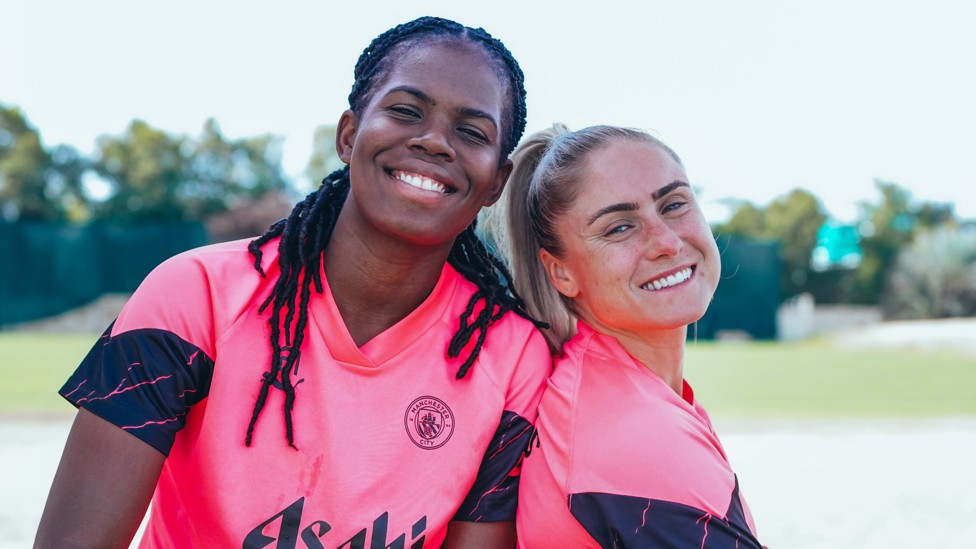 SAY CHEESE : Bunny Shaw and Steph Houghton smile for the camera