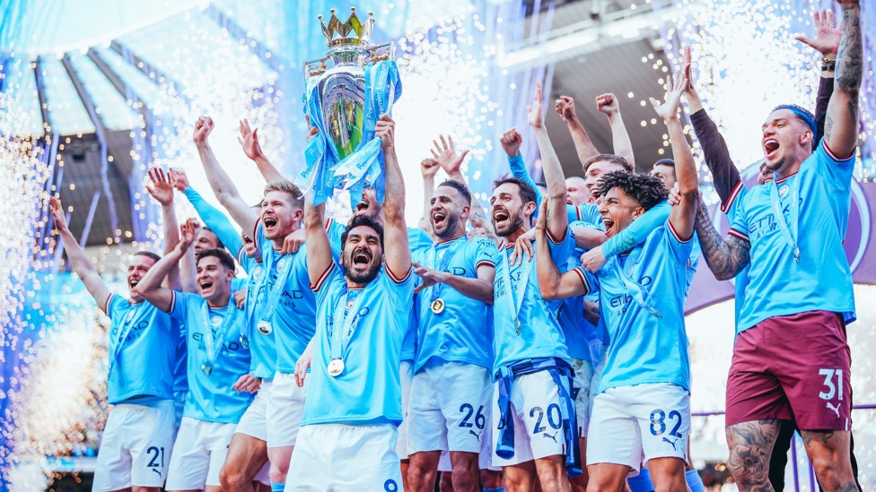 TRIPLE TREAT : Ilkay Gundogan gets his hands on the Premier League trophy as we win our third straight title in 2022/23