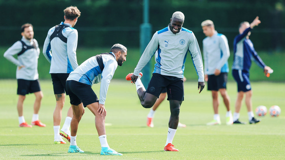 GETTING READY: Riyad Mahrez and Benjamin Mendy stretch out ahead of the session