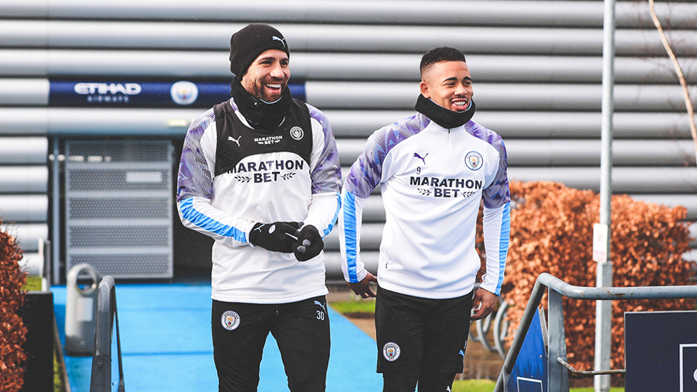  : BUOYANT BLUES: Nicolas Otamendi and Gabriel Jesus in excellent spirits, naturally!