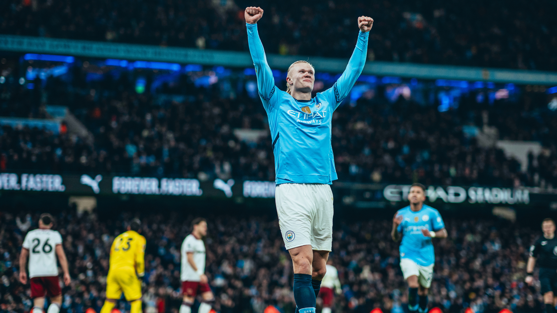 TREBLE YELL: Erling Haaland is all smiles after City's third goal.