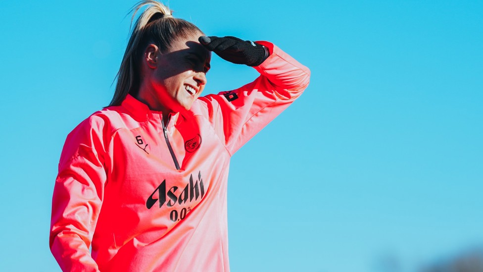 THE SKIPPER : Steph Houghton blinded by the rare Manchester sun.