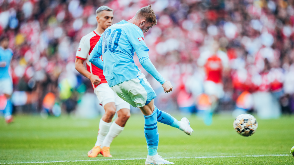 SUBLIME FINISH : Palmer’s superb goal puts City ahead against Arsenal In last August’s Community Shield clash at Wembley. 