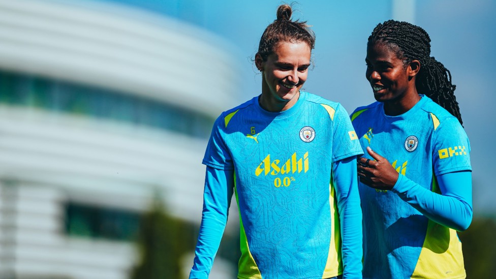 TWO'S COMPANY: Vivianne Miedema and Khadija 'Bunny' Shaw share a smile.