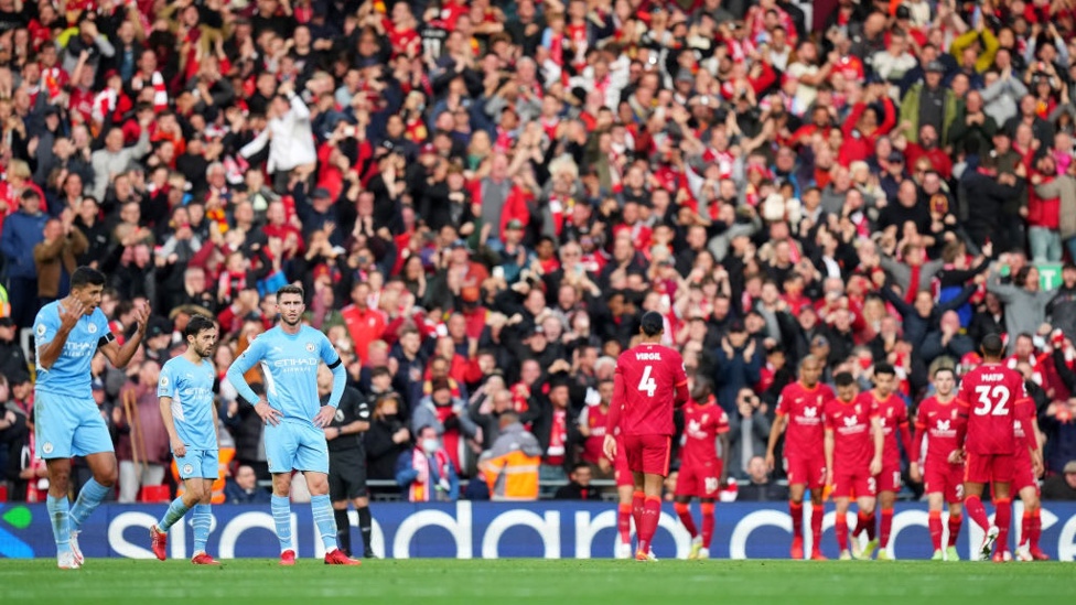 SETBACK : Rodri encourages City as Liverpool celebrate the opener early in the second half.