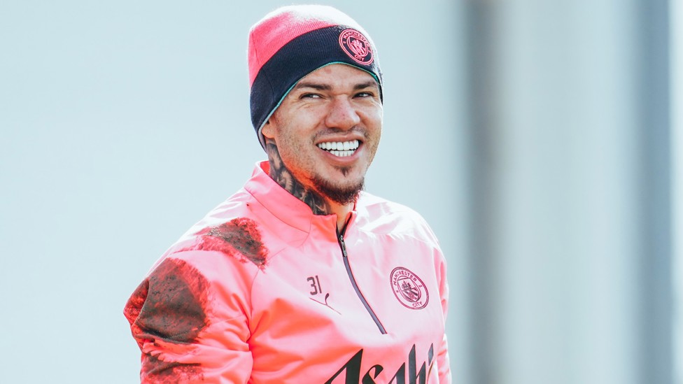 EXCITED EDERSON : The City keeper in high spirits during training. 