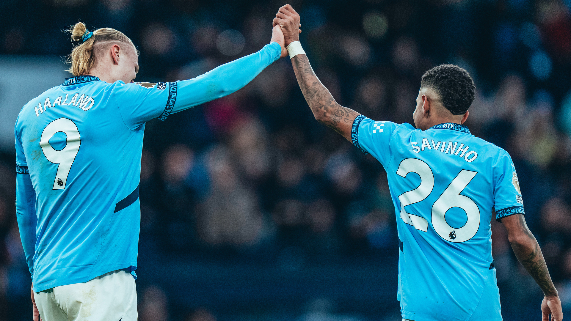 ON CLOUD NINE: Erling Haaland and Savinho celebrate after City's second goal.