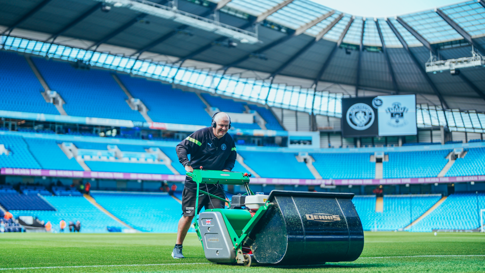 BACK HOME : Finishing touches made to the Etihad pitch ahead of the visit of Southampton.