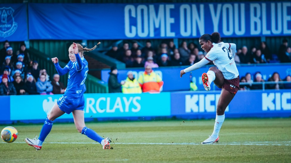 TAKE THAT : Bunny smashes a strike against Everton