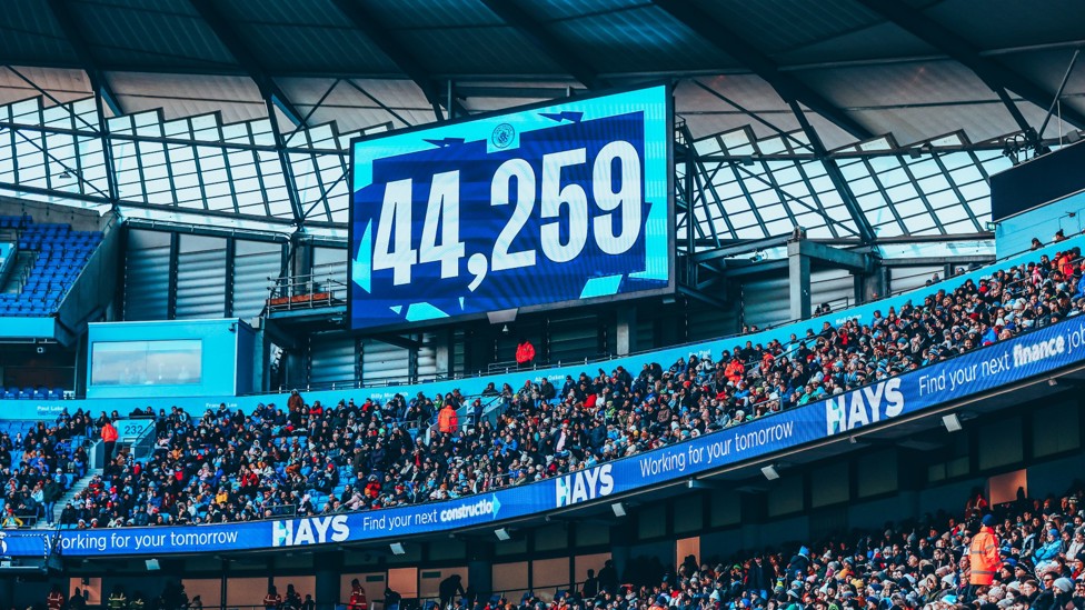 RECORD CROWD : It's a record crowd for a women's game at the Etihad as 44,259 fans pack in for the 2022/23 home Manchester derby