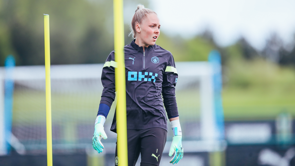 SAFE HANDS : Ellie Roebuck prepares for the next drill