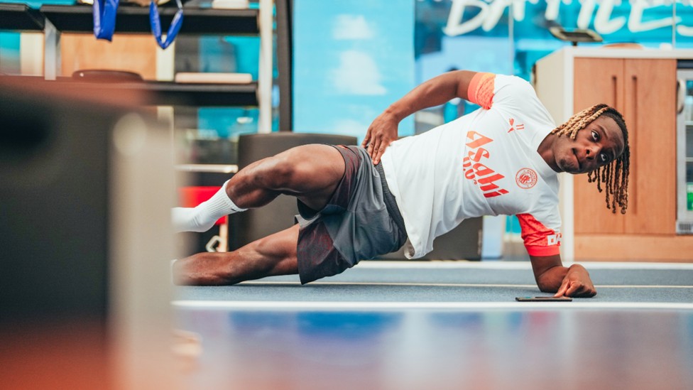 AT FULL STRETCH: Jeremy Doku powers through an exercise