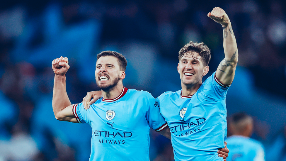 Johnny, Johnny Stones!  : Ruben Dias joins fellow defender John Stones in the post-match celebrations. 