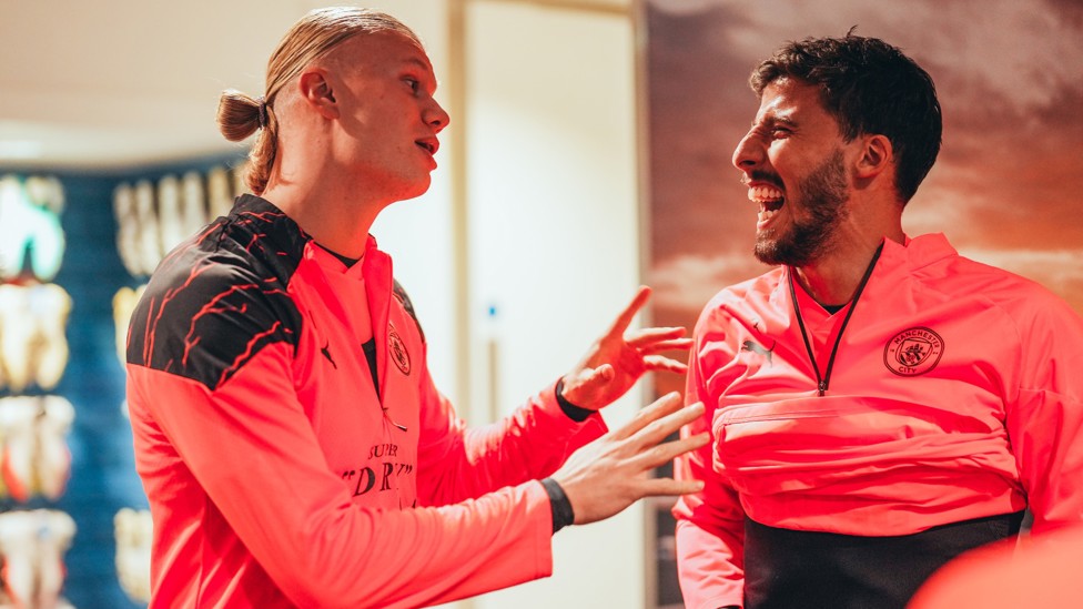 DYNAMIC DUO : Erling Haaland and Ruben Dias share a joke before heading out for training