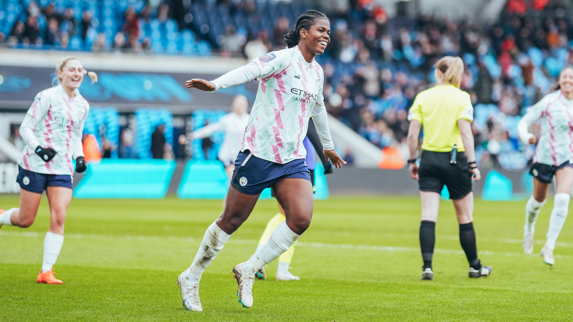 HAT-TRICK HERO : Bunny Shaw celebrates a treble in our last WSL clash with Tottenham Hotspur this past weekend.