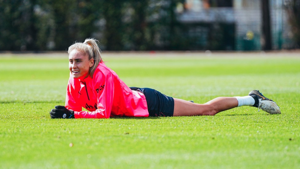 BREAK TIME : Steph Houghton takes a moment of rest after a superb session