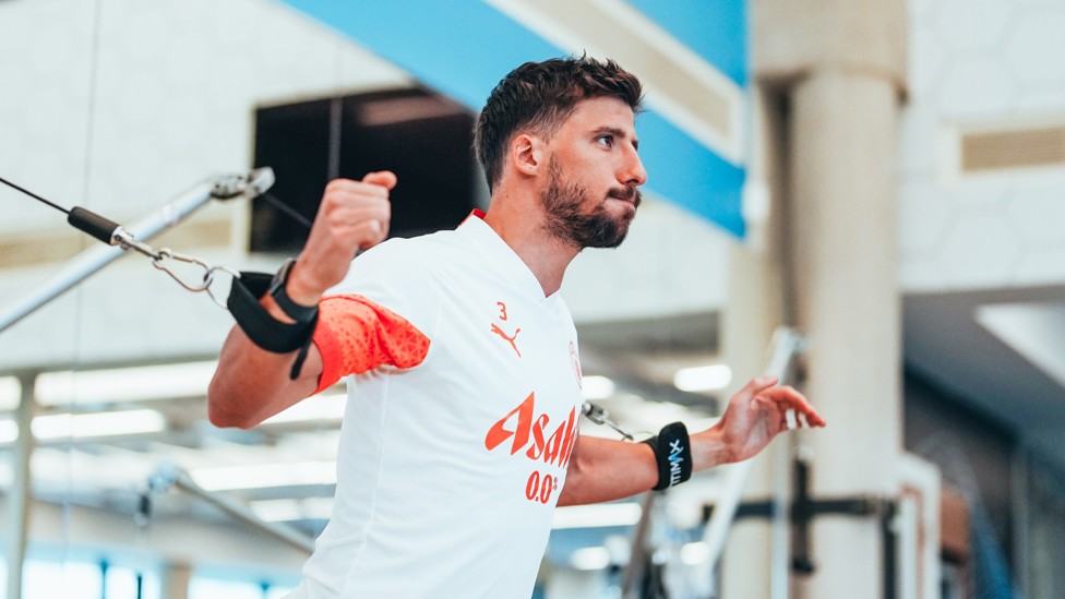 PULLING THE STRINGS : Ruben Dias testing his strength with some gym work. 