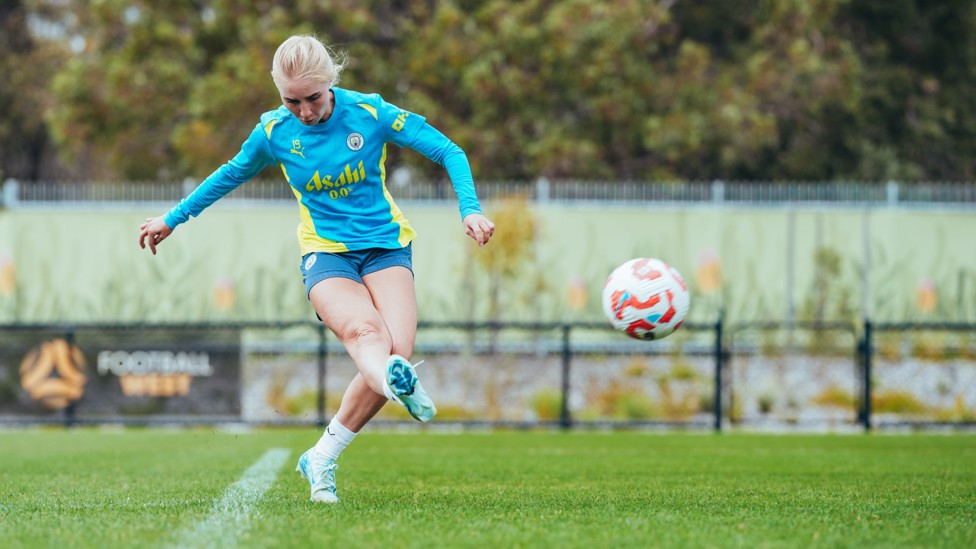 GIVE IT SOME WHIP : Laura Blindkilde Brown wraps her foot around the ball