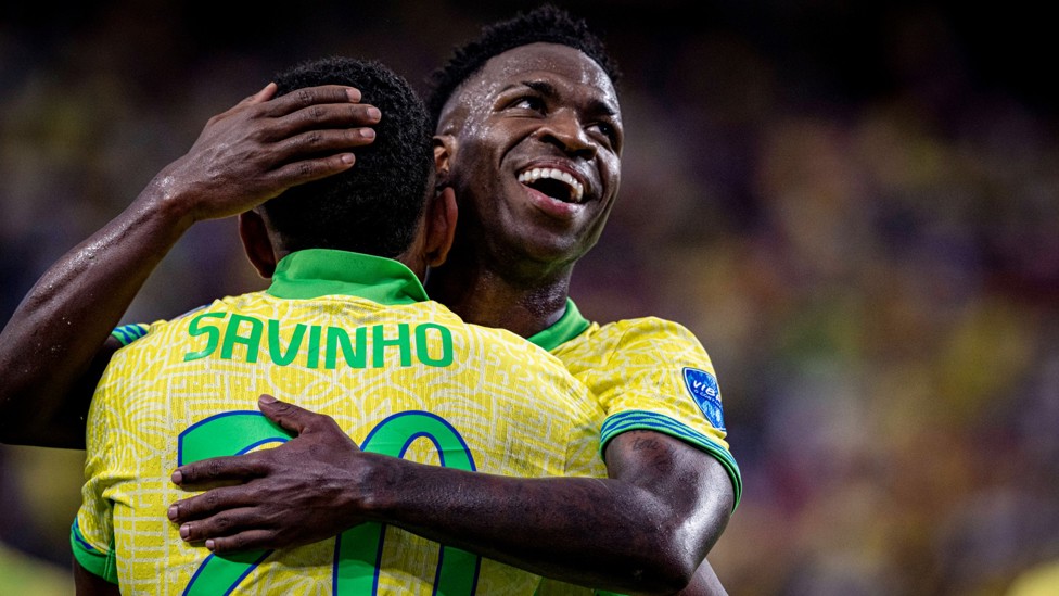 INTERNATIONAL SUCCESS : Savinho celebrates with Vinicius Junior after scoring for Brazil in their win over Paraguay. 