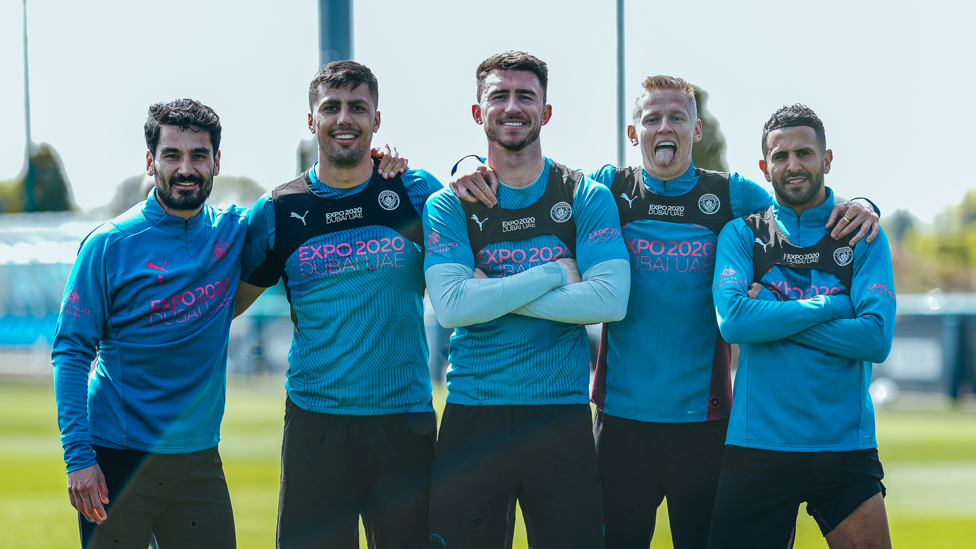 SQUAD GOALS: Ilkay, Rodrigo, Aymeric, Oleks and Riyad are all smiles...