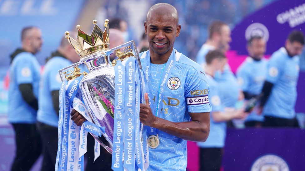 ANOTHER TITLE TRIUMPH : Fernandinho poses with the Premier League trophy in 2021 after the 5-0 win over Everton