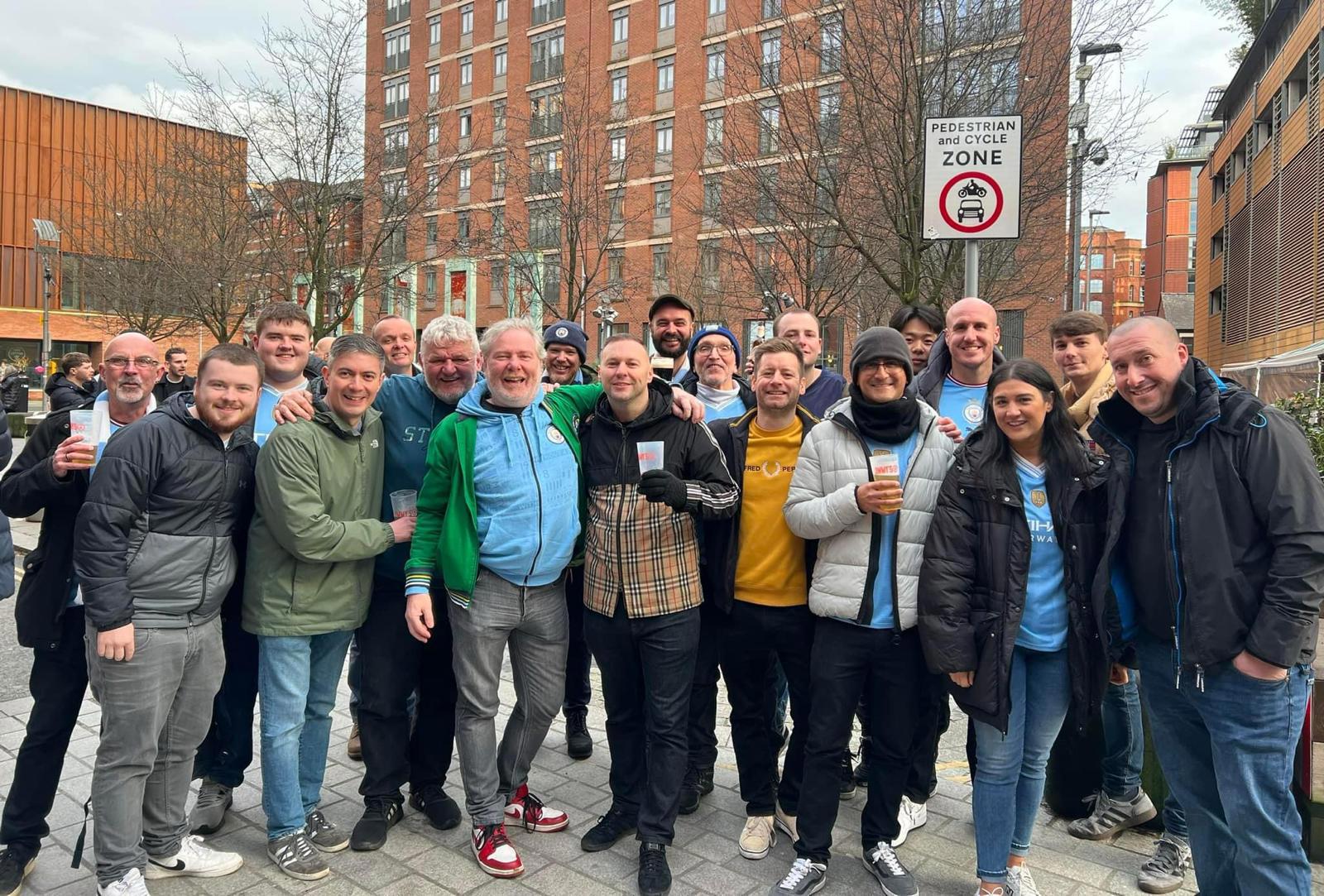  : Rob and Clive catch up with other Canal Street Blues members after City's win over Everton.