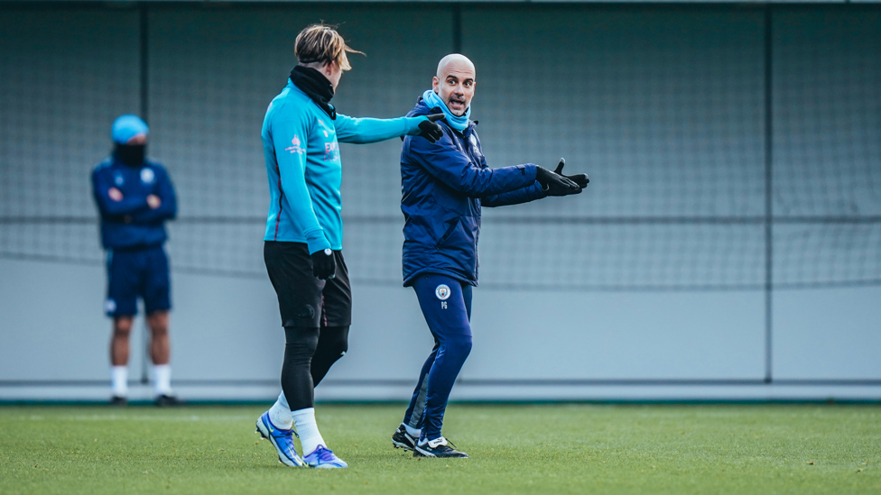 PEP TALK : The boss gives Jack Grealish some instructions during the session