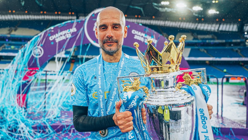 TERRIFIC TRIO : A third Premier League title crown lifted at the Etihad Stadium following a comfortable 5-0 victory over Everton.