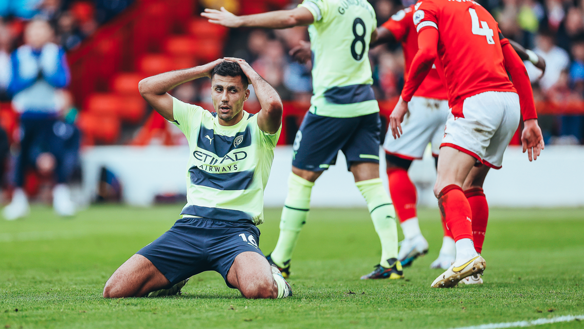 HANDS ON HEAD: Rodri reacts after coming close to the opener.