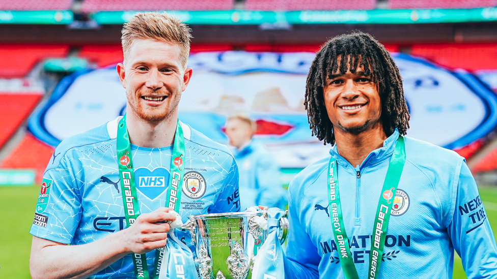 WINNING FEELING: Nathan celebrates League Cup success in 2021 with Kevin De Bruyne