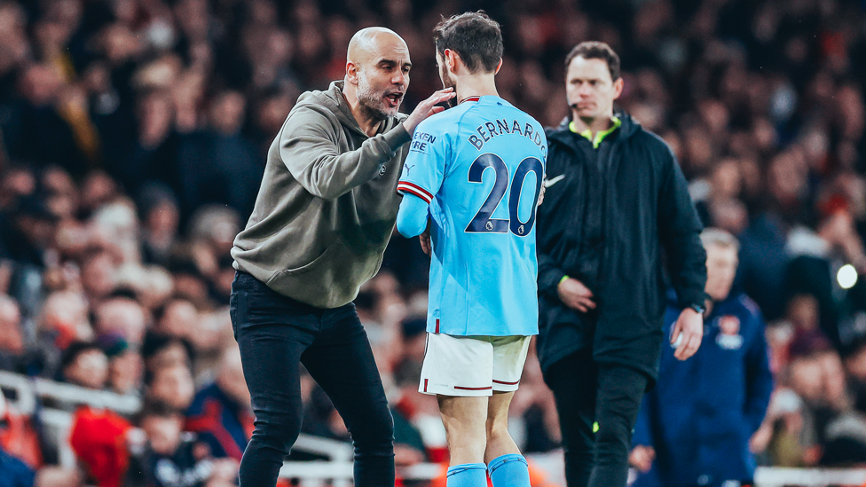 PEP TALK : Passing on instructions from the touchline after the Gunners equalise through Saka.