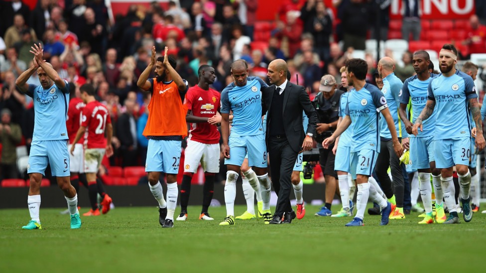 DERBY DELIGHT : Pep’s first taste of the Manchester derby ends in a 2-1 triumph at Old Trafford in September 2016.