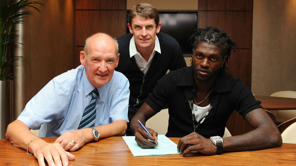 JOIN THE CLUB : Bernard and Brian Marwood welcome Emmanuel Adebayor to City back in 2010