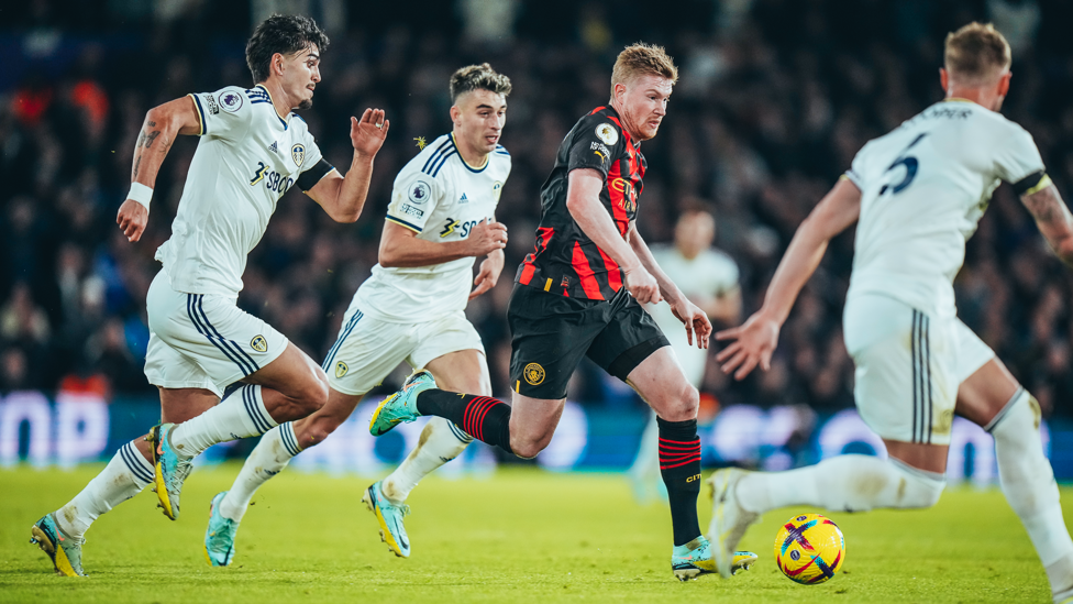 ON THE CHARGE : KDB races forward.